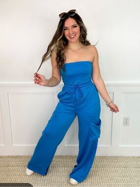 white birch Strapless Wide-Leg Jumpsuit in Bright Blue